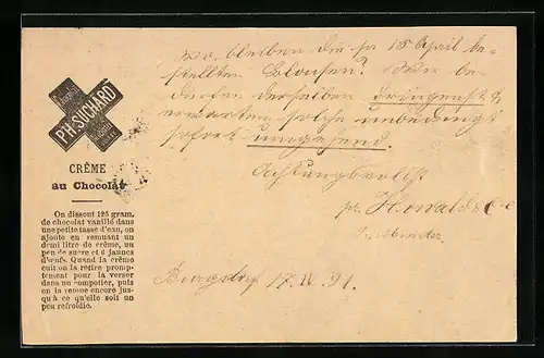 Vorläufer-AK Neuchatel, 1891, Fabrique de Chocolat Suchard, Creme au Chocolat