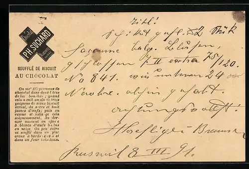 Vorläufer-AK Neuchatel, 1891, Fabrique de Chocolat Suchard, Soufflé de Biscuit au Chocolat