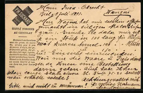 Vorläufer-AK Neuchatel, 1891, Fabrique de Chocolat Suchard, Soufflé d`Amandes au Chocolat