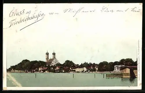 AK Friedrichshafen, Uferpartie mit Kirche