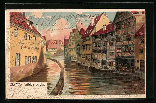 Künstler-AK Ulm, Parthie an der Blau, Gebrüder Nathan