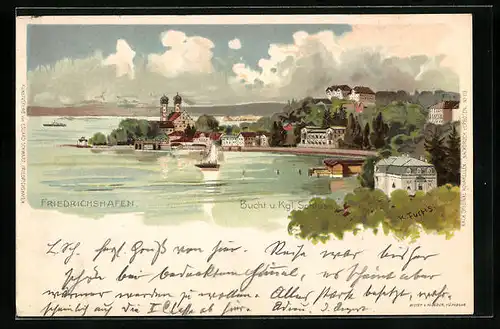 Künstler-AK Friedrichshafen, Bucht und Königliches Schloss