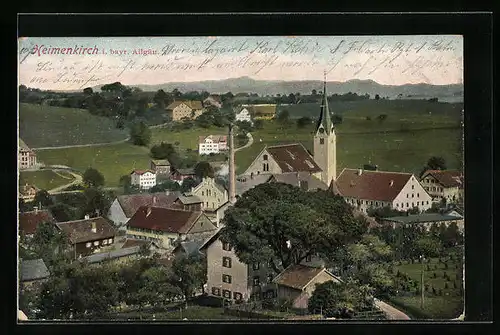 AK Heimenkirch i. bayr. Allgäu, Ortsansicht mit Kirchturmspitze