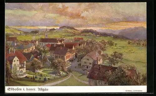 Künstler-AK Ellhofen i. bayer. Allgäu, Ortsansicht bei Abendstimmung