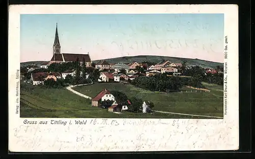 Goldfenster-AK Tittling i. Wald, Gebäude der Ortschaft mit leuchtenden Fenstern