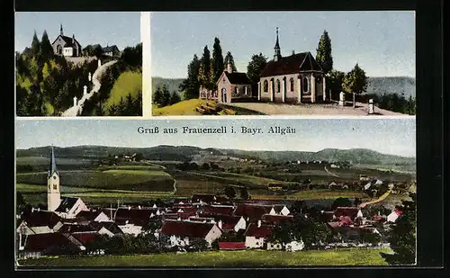 AK Frauenzell i. Bayr. Allgäu, Kirche, Ortsansicht mit Umgebung