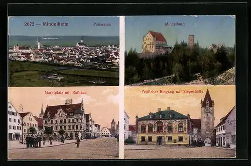 AK Mindelheim, Gasthof Siegeshalle, Marktplatz mit Rathaus