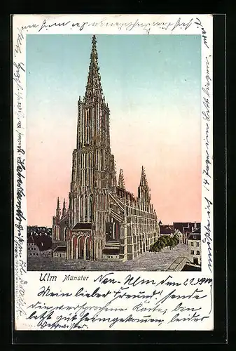 Goldfenster-AK Ulm /Donau, Münster mit leuchtenden Fenstern