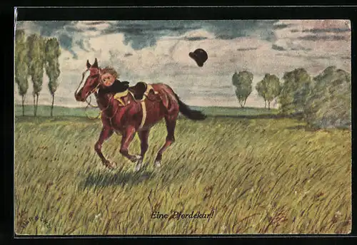 Künstler-AK Herschu: Kleiner Reiter fällt fast vom Pferd