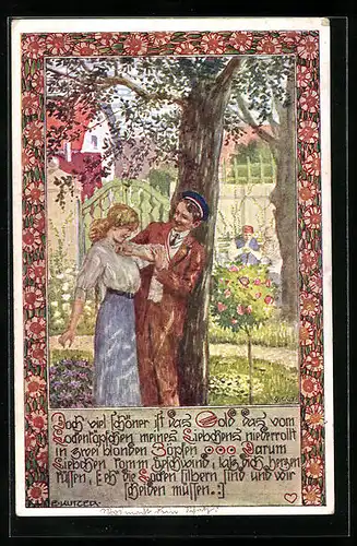 Künstler-AK Ernst Kutzer: Student mit seiner Liebsten im Garten unter den wachsamen Augen des Ohms