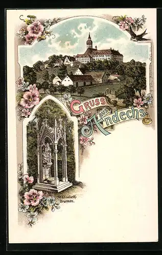 Lithographie Andechs, Ortspartie mit Kloster, St. Elisabeth-Brunnen