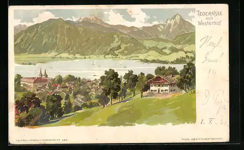 Künstler-AK Tegernsee, Orstansicht mit Restaurant und Hotel Westerhof