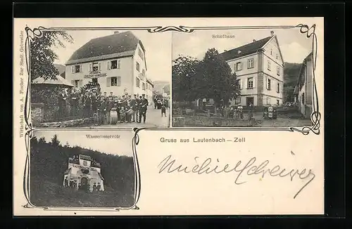 AK Lautenbach-Zell, Gasthaus zur Stadt Gebweiler, Schulhaus, Wasserreservoir