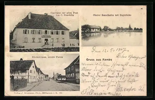 AK Kembs, Gasthaus zur alten Post, Rheinstrasse, Oberer Kanalhafen