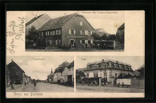 AK Biesheim, Gasthaus Ww. Pauline Schweitzer, Dorfstrasse, Post