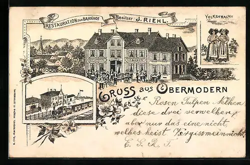 Lithographie Obermodern, Restaurant zum Bahnhof, Volkstracht
