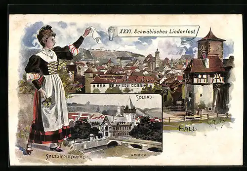 Lithographie Hall, XXVI. Schwäbisches Liederfest, Solbad, Salzsiedertracht