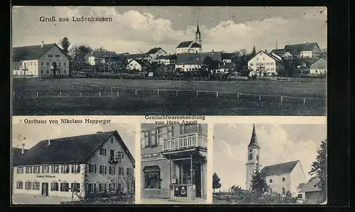 AK Ludenhausen, Gasthaus von Nikolaus Happerger, Gemischtwarenhandlung von Hans Angstl, Kirche
