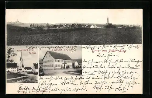 AK Prittriching, Gasthaus zur Post, Filialkirche und Schule, Teilansicht mit Kirche