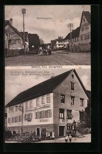 AK Schwann, Gasthaus u. Metzgerei zum Adler, Strassenpartie mit Ochsenwagen