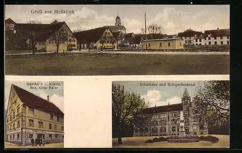 AK Messkirch, Gasthaus z. Kreuz, Schulhaus u. Kriegerdenkmal, Ortspartie