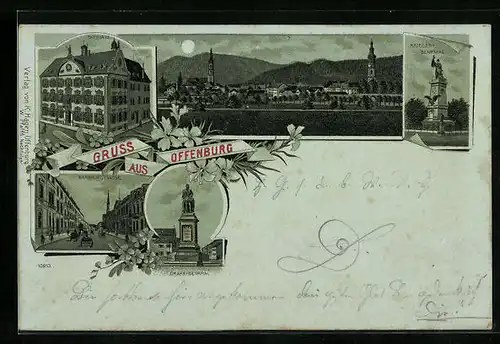 Mondschein-Lithographie Offenburg, Bahnhofstrasse, Drake-Denkmal, Rathaus