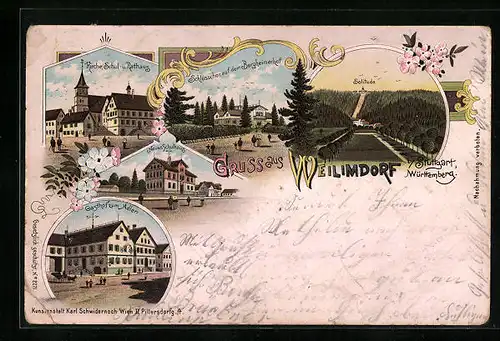 Lithographie Stuttgart-Weilimdorf, Gasthof zum Adler, Neues Schulhaus, Solitude