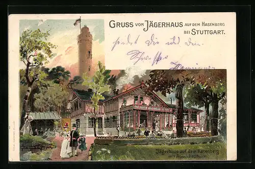 Lithographie Stuttgart, Gasthaus Jägerhaus auf dem Hasenberg mit Aussichtsturm