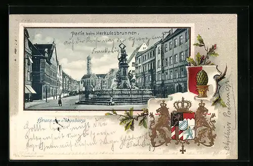 Passepartout-Lithographie Augsburg, Strassenpartie beim Herkulesbrunnen, Wappen