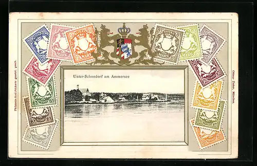 Präge-AK Unter-Schondorf, Blick vom Ammersee auf den Ort, Bayerische Briefmarken