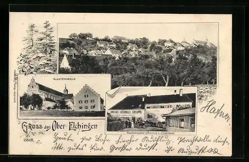 AK Oberelchingen, Klosterbrauerei und Gasthof von J. Eisenlauer, Klosterkirche mit Pfarrhof