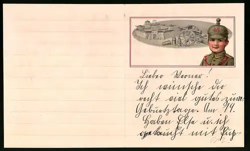 Briefkopf Regiment 48, Kind als Soldat in Uniform mit Artellerie Pickelhaube vor einer belagerten Festung