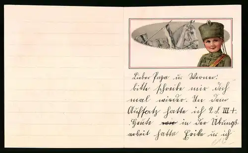Briefkopf Soldaten, Kind als Husar in Uniform mit Kolpak