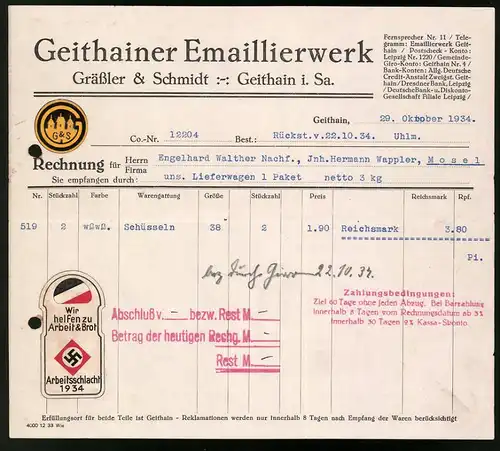 Rechnung Geithain i. Sa. 1934, Geithainer Emaillierwerk Grässler & Schmidt, Aufkleber Arbeitsschlacht 1934, 