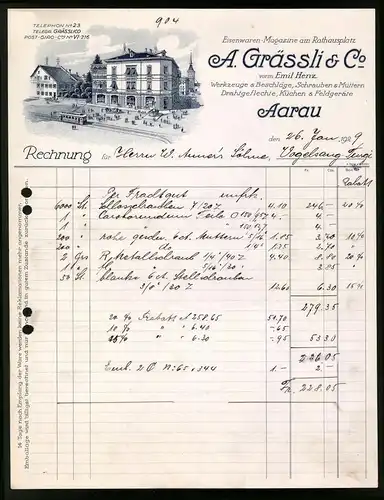 Rechnung Aarau 1929, A. Grässli & Co., Eisenwaren-Magazin am Rathausplatz, Geschäftsgebäude mit Strassenbahn