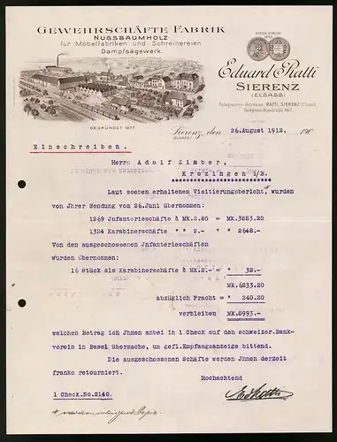 Rechnung Sierenz 1912, Gewehrschäfte Fabrik Eduard Ratti, Blick auf das Dampfsägewerk