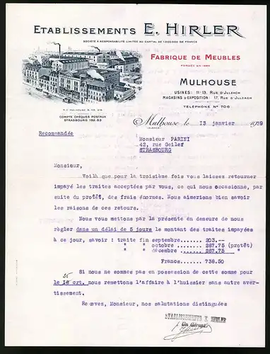 Rechnung Mulhouse 1939, Etablissements E. Hirler, Farbique de Meubles, Fabrikanlage