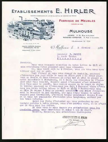 Rechnung Mulhouse 1939, Etablissements E. Hirler, Fabrique de Meubles, Fabrikanlage