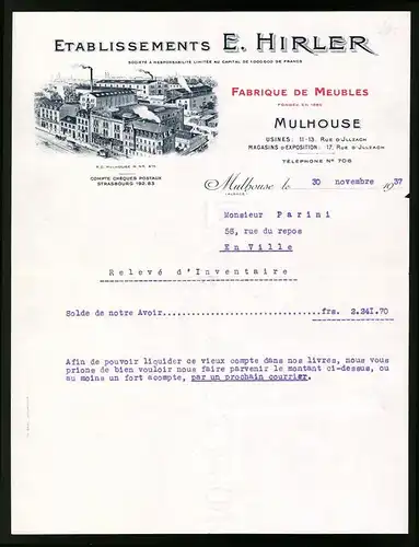 Rechnung Mulhouse 1937, Etablissements E. Hirler, Fabrique de Meubles, Fabrikanlage