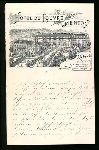 Rechnung Menton 1905, Hotel du Louvre Menton, 250 Chambres & Saison Ascenseur, Blick auf das Hotel