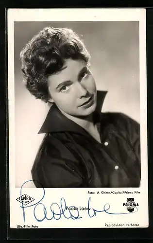 AK Schauspielerin Paola Loew in schwarzer Bluse, Autograph