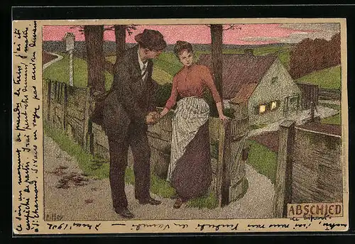 Künstler-Lithographie Paul Hey: Mann nimmt Abschied