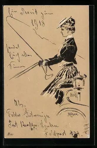 Künstler-AK Arthur Heyer: Hübsche Dame auf dem Kutschbock
