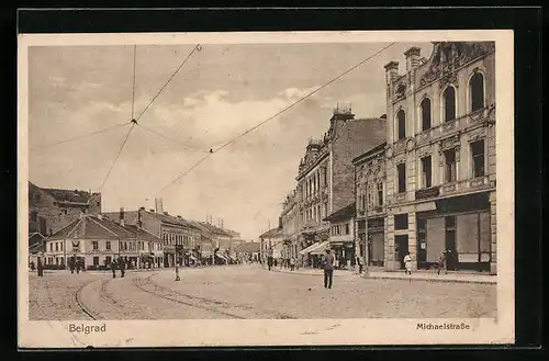 AK Belgrad, Michaelstrasse mit Geschäften
