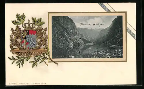 Passepartout-Lithographie Königssee, Obersee mit Gebirge, Wappen