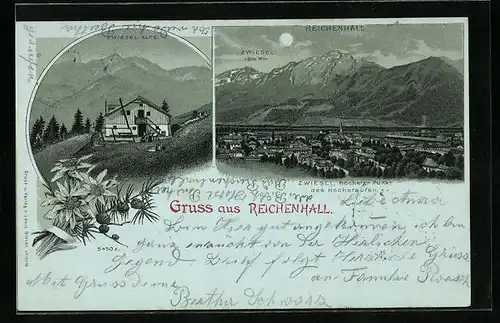 Mondschein-Lithographie Reichenhall, Zwiesel-Alpe, Totalansicht