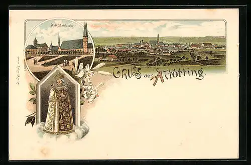 Lithographie Altötting, Wallfahrtskirche, Panorama