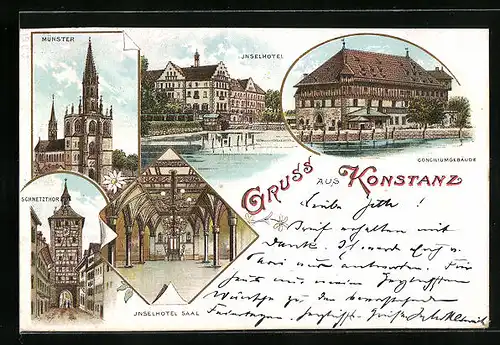 Lithographie Konstanz, Inselhotel, Conciliumgebäude, Schnetzthor