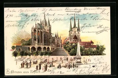 Sonnenschein-AK Erfurt, Dom und Severikirche mit Denkmal