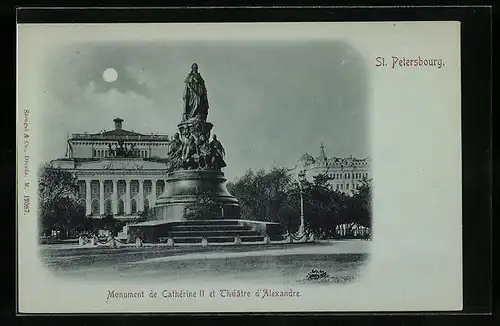 Mondschein-AK St. Petersburg, Monument de Cathérin II et Théâtre d`Alexandre